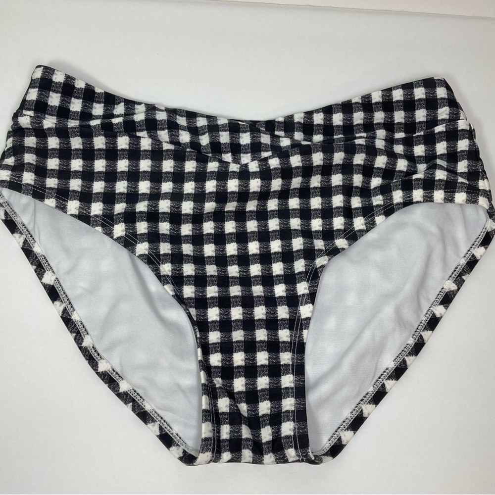 Aqua Couture Overlap Banded High Waist Gingham Bikini Bottoms Black White NWOT